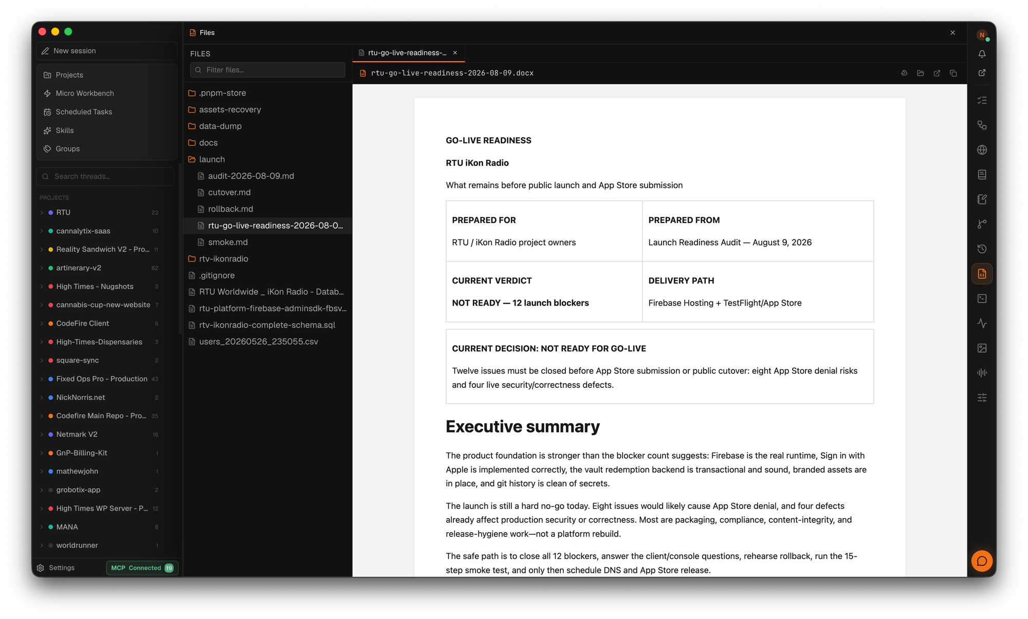CodeFire Files drawer previewing a client-facing go-live readiness report written by an agent team