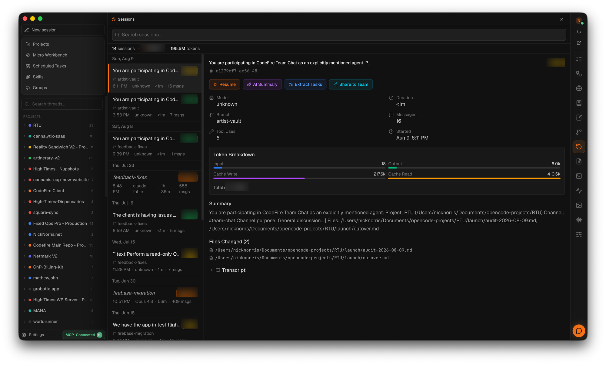 CodeFire Sessions — searchable run history with token breakdowns, AI summaries, extract-tasks, and share-to-team