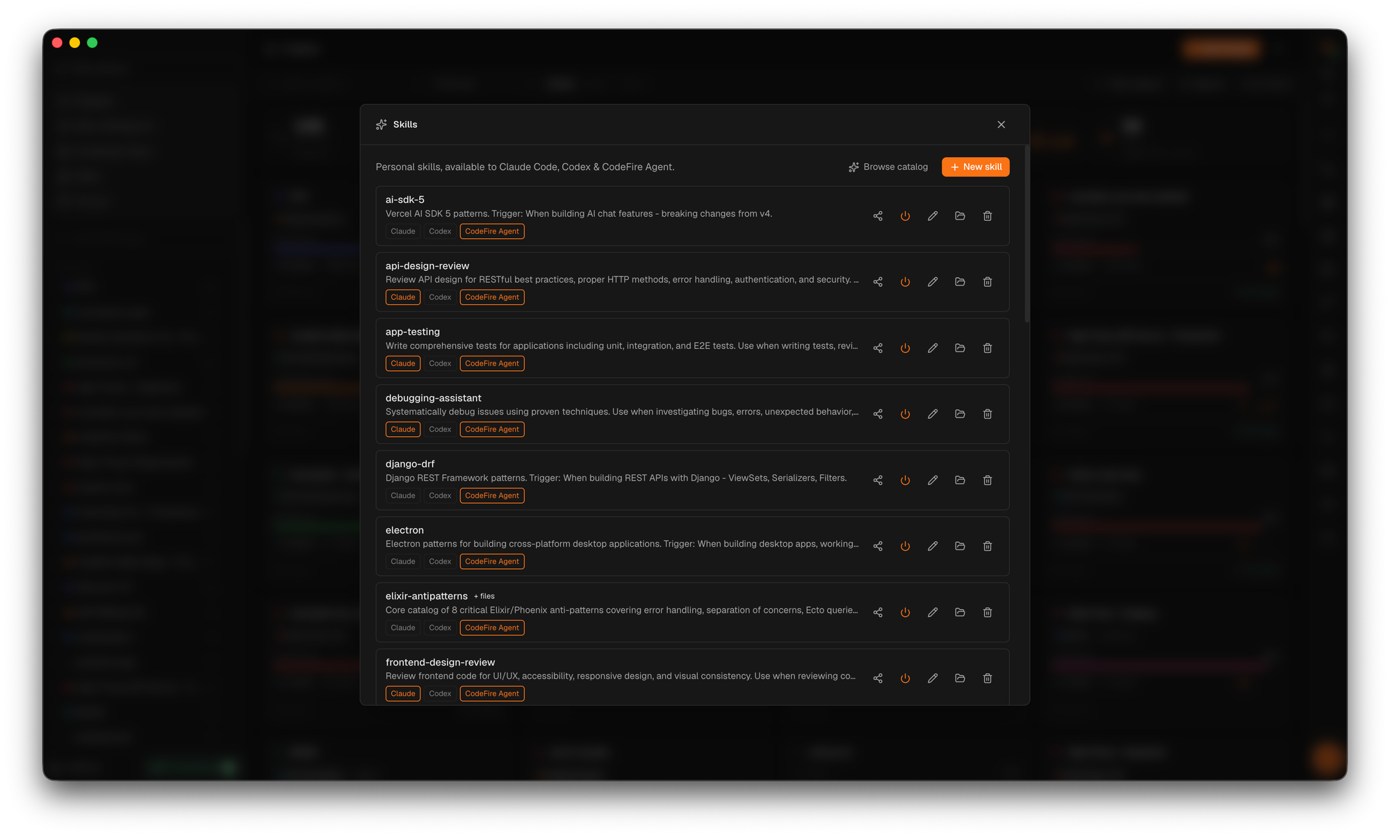 CodeFire Skills — a shared skill library available to Claude Code, Codex, and the CodeFire Agent